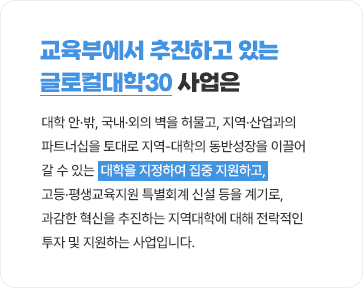 교육부에서 추진하고 있는 글로컬대학30 사업은 대학 안·밖, 국내·외의 벽을 허물고, 지역·산업과의 파트너십을
														 토대로 지역-대학의 동반성장을 이끌어 갈 수 있는 대학을 지정하여 집중 지원하고, 고등·평생교육지원 특별회계 신설 등을 계기로,
														 과감한 혁신을 추진하는 지역대학에 대해 전락적인 투자 및 지원하는 사업입니다.